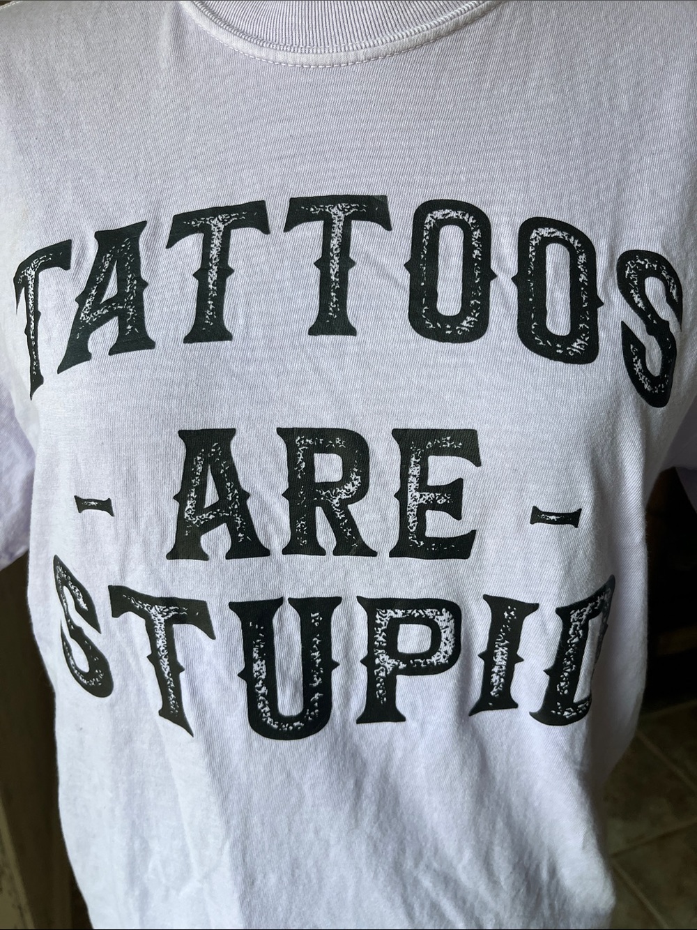 Lavender Tee Distressed Black 'Tattoos Are Stupid' Graphic Boho Jaded Gypsy look